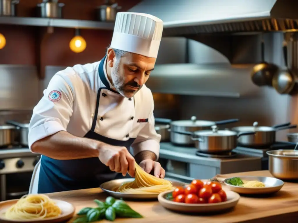 Un chef italiano preparando pasta casera con salsa de tomate en una trattoria, rodeado de ingredientes frescos