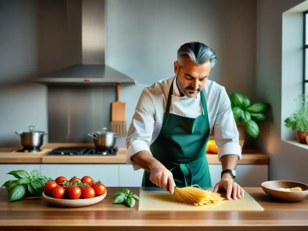 Chef italiano preparando pasta casera en cocina moderna