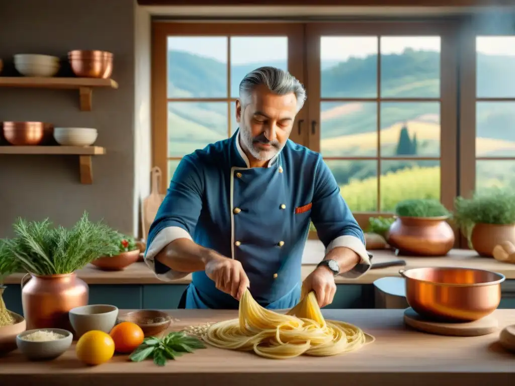 Chef italiano enseñando pasta casera en streaming con pasión en cocina toscana