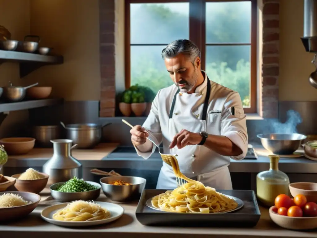 Un chef italiano enseña a preparar pasta casera a un grupo de estudiantes en una cocina toscana