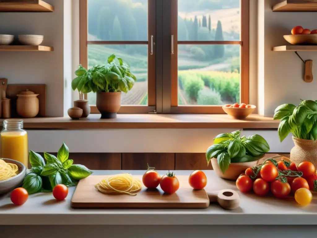 Un chef italiano hábil elaborando pasta casera en una cocina rústica, con ingredientes frescos