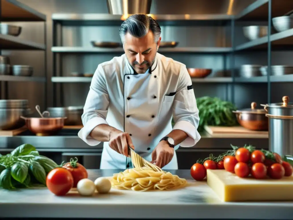 Un chef italiano fusionando innovación y tradición al preparar pasta casera