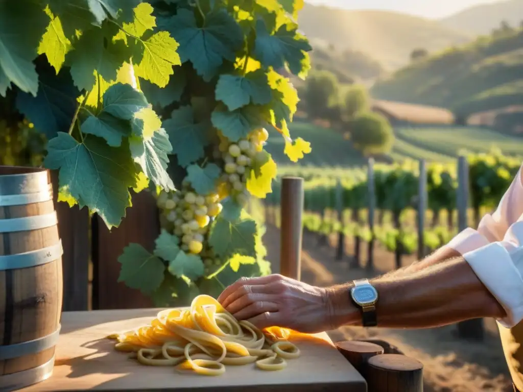 Un chef italiano prepara pasta en una cocina rústica de viñedo al atardecer