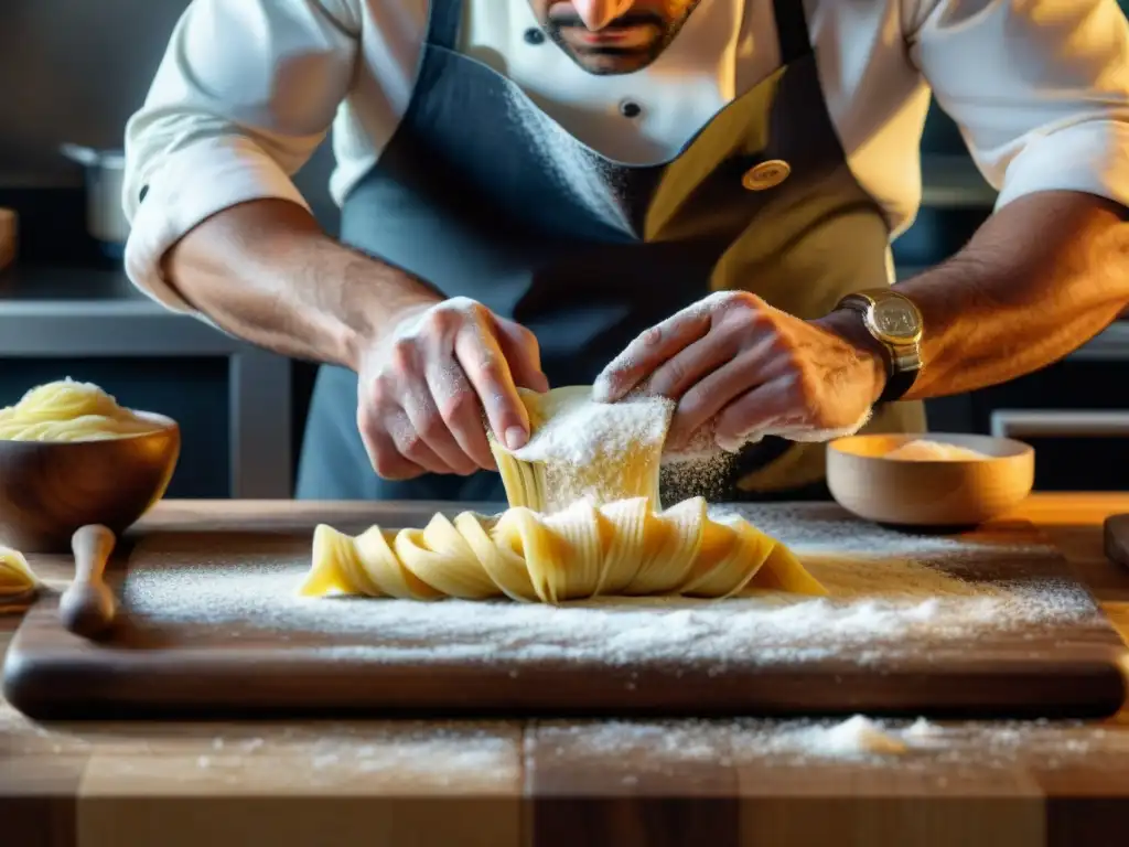 Un chef italiano enrollando pasta con precisión y pasión, en una cocina moderna