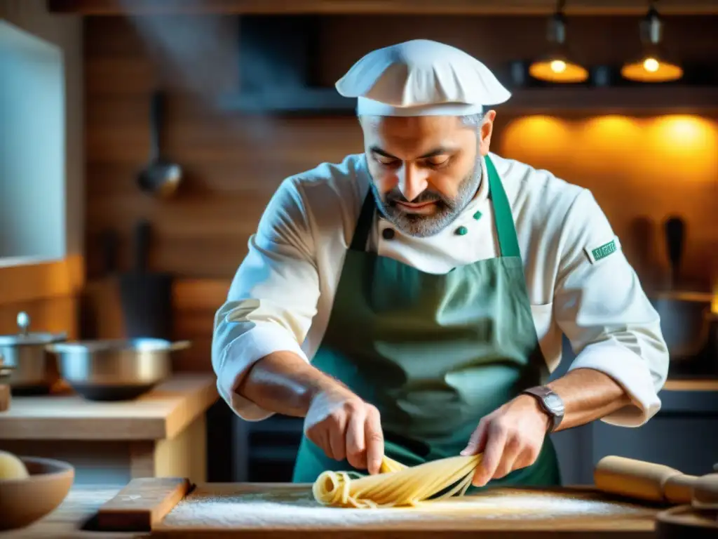 Un chef italiano crea pasta con detalle en una cocina rústica