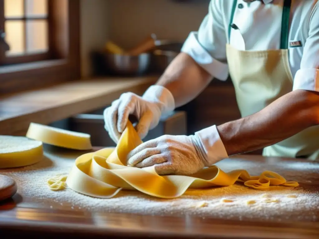 Un chef italiano cortando pasta fresca en una trattoria auténtica del norte de Italia