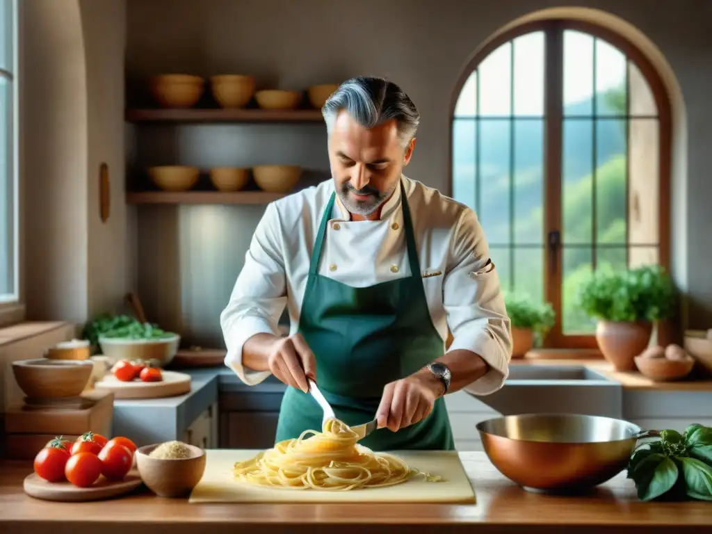 Un chef italiano prepara pasta fresca en una cocina toscana