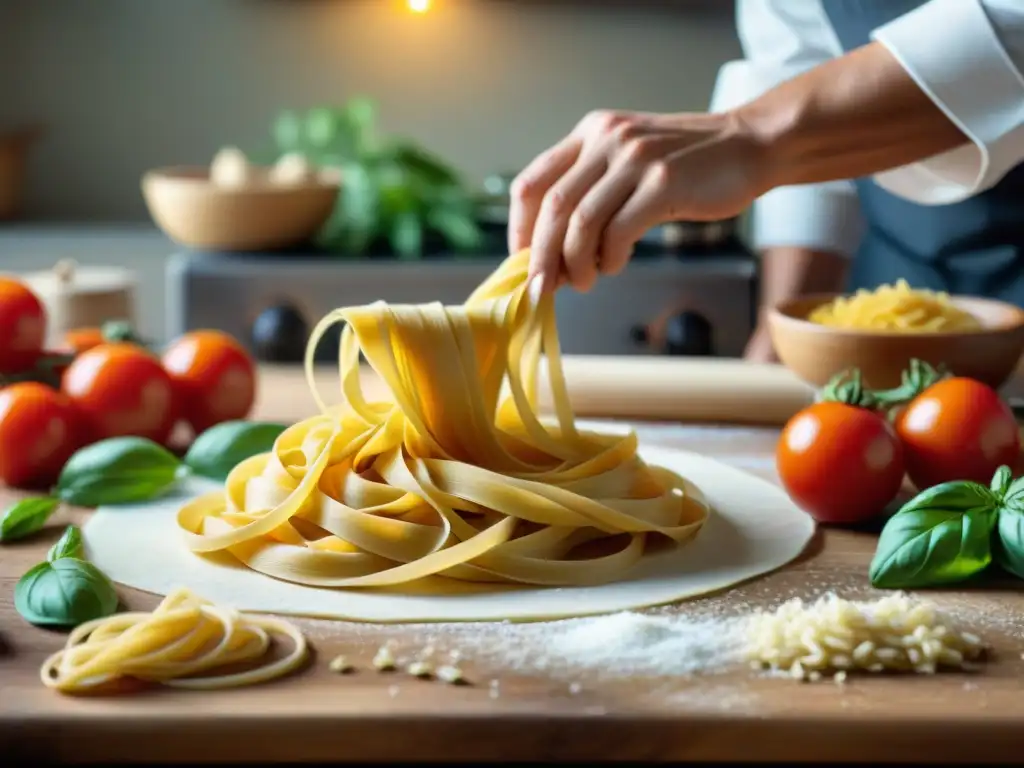 Maestro italiano de la pasta: pasión y tradición Chef italiano creando pasta fresca en cocina rústica, con tomates, albahaca y aceite de oliva