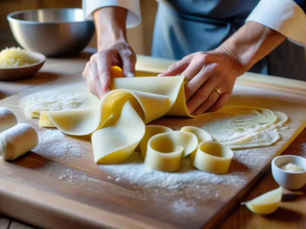 Un chef italiano crea pasta fresca con ingredientes sostenibles, evocando tradición y autenticidad