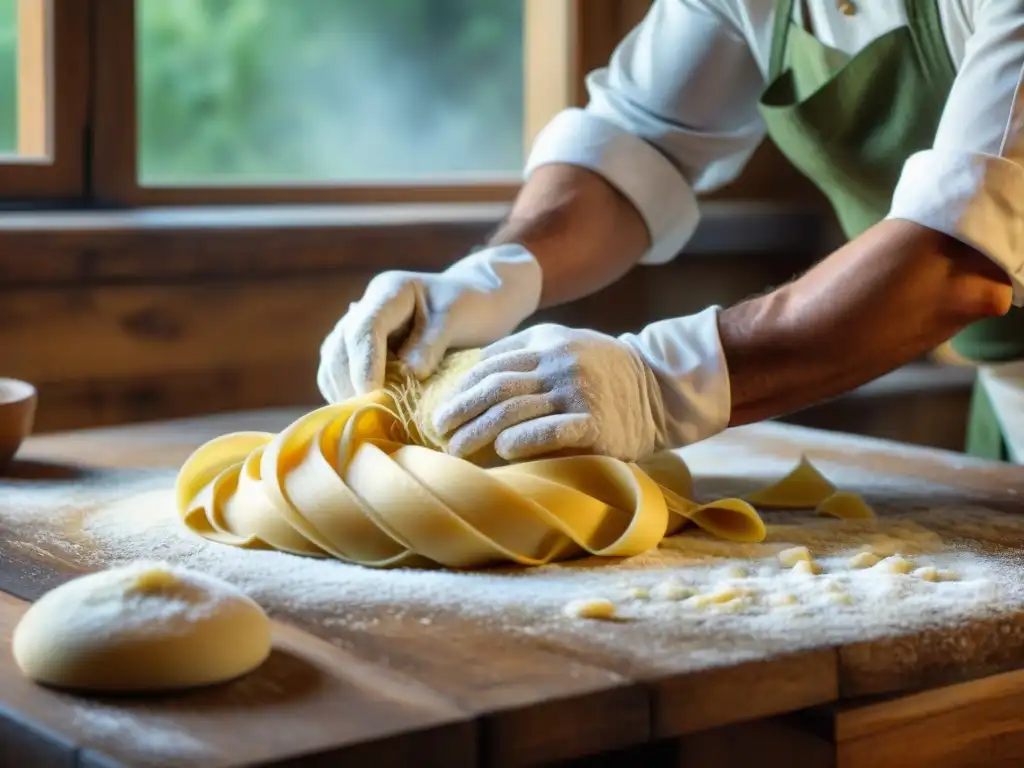 Chef italiano amasando pasta fresca en cocina rústica, con luz natural