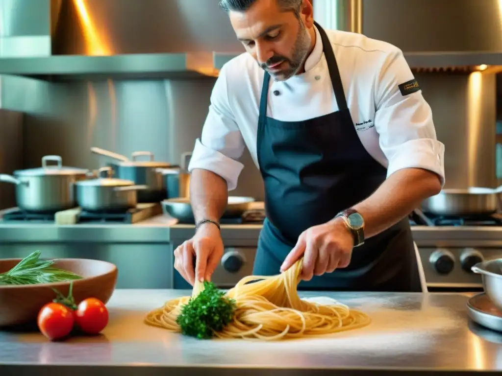 Un chef italiano elabora pasta con ingredientes orgánicos, reflejando prácticas sostenibles en restaurantes italianos