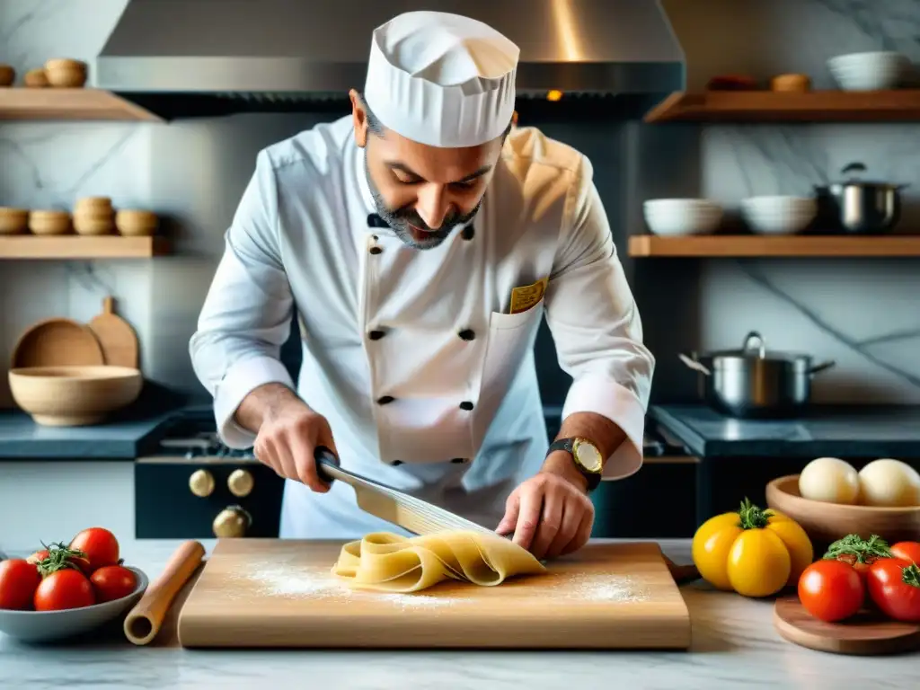 Un chef italiano elaborando pasta a mano en una cocina bulliciosa