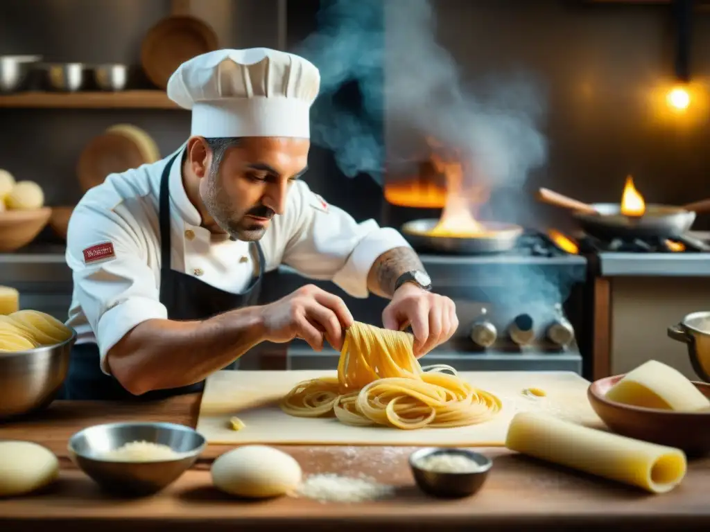 Un chef italiano elabora pasta a mano en una cocina rústica, mostrando pasión por la cocina italiana platos tradicionales