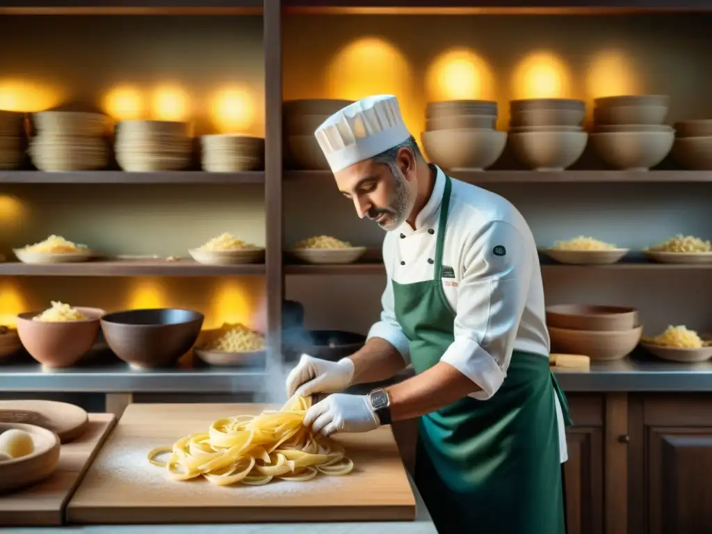 Un chef italiano crea pasta a mano en una cocina tradicional rodeado de libros de cocina italiana reconocidos