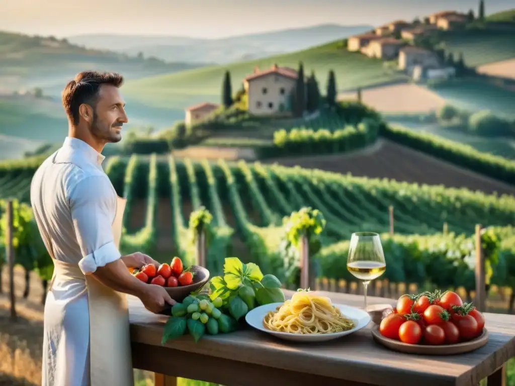 Un chef italiano preparando pasta en una viña al atardecer en Toscana, capturando la esencia de eventos vinícolas Italia tradición culinaria