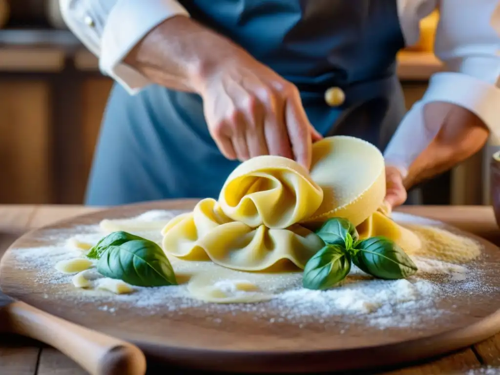 Un chef italiano hábil prepara pastas rellenas en una cocina rústica del norte de Italia, mostrando arte y precisión