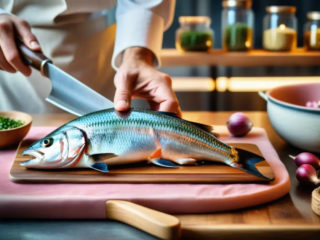 Un chef italiano fileteando un pescado azul fresco en una cocina rústica, destacando los beneficios de la cocina italiana