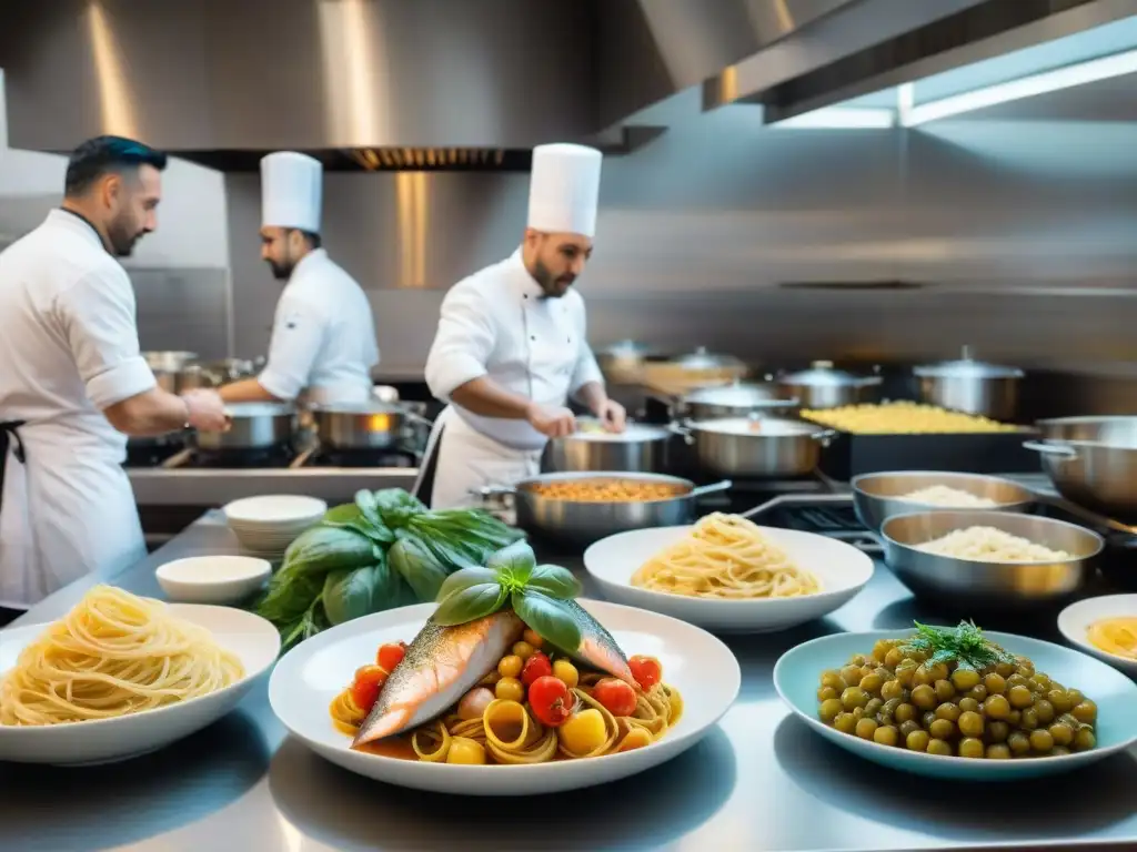 Un chef italiano filletea pescado con destreza en una cocina bulliciosa