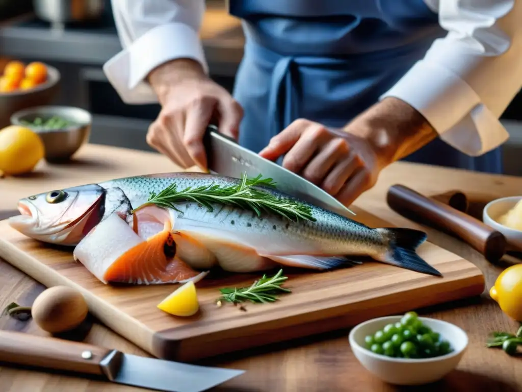 Chef italiano hábil fileteando un pescado con precisión y enfoque