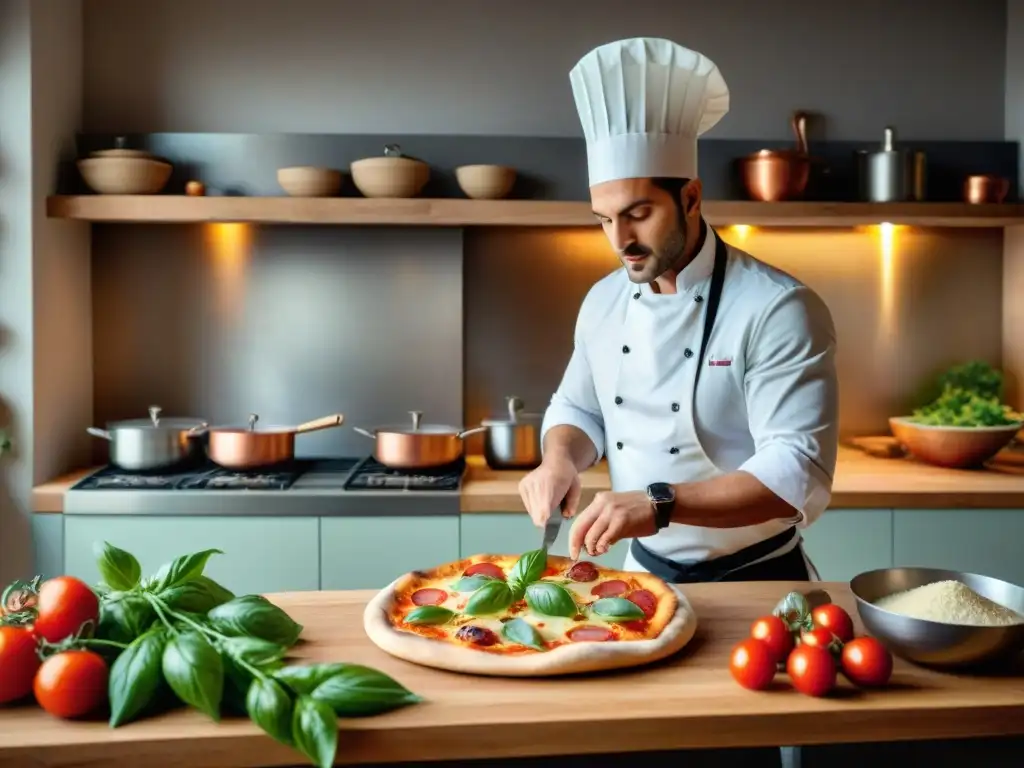 Un chef italiano preparando pizza en una cocina tradicional con utensilios esenciales cocina italiana