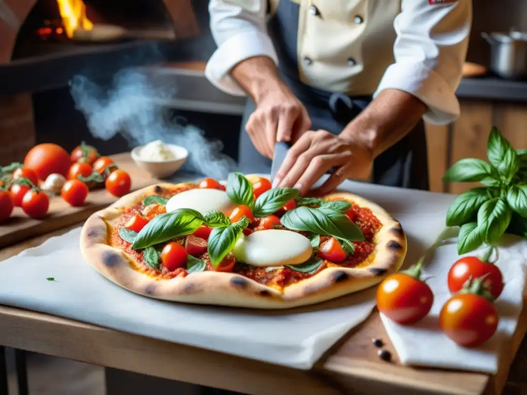 Un chef italiano elabora una pizza sin gluten en una cocina tradicional, rodeado de ingredientes frescos y coloridos