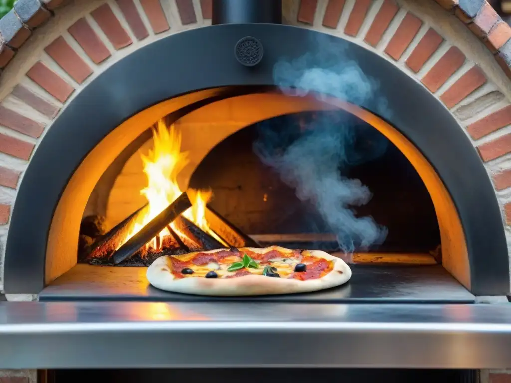 Un chef italiano coloca una pizza en horno de leña, mostrando el fuego y la cocina acogedora