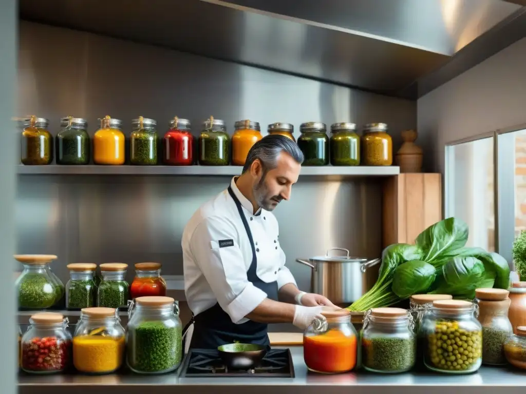 Chef italiano preparando platillo tradicional en cocina vintage con conservación al vacío