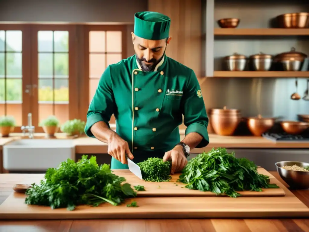 Un chef italiano preparando un plato clásico con cilantro en una cocina tradicional