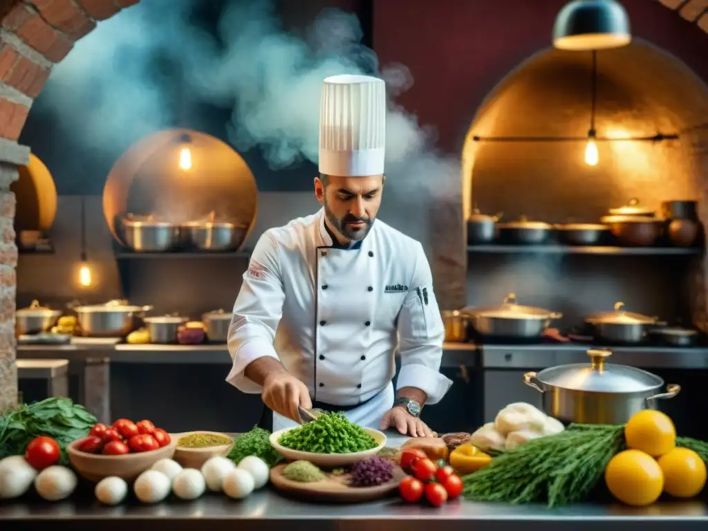 Un chef italiano prepara un plato clásico en una bulliciosa cocina, rodeado de ingredientes coloridos y utensilios tradicionales de cocina