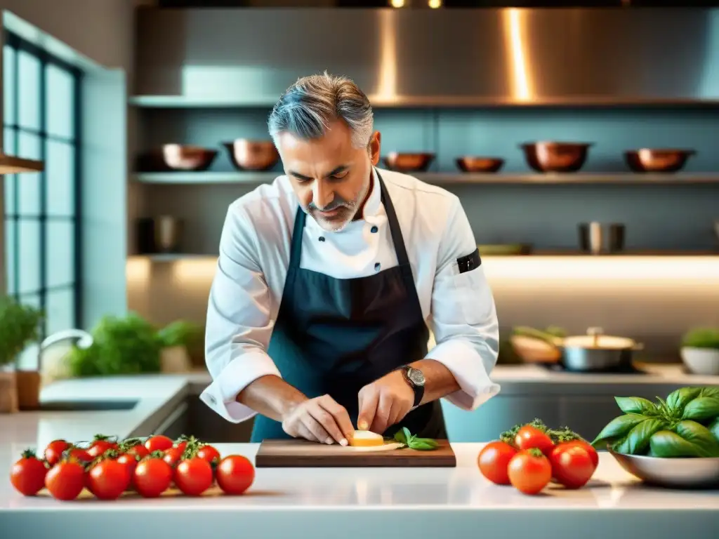 Un chef italiano creando plato innovador rodeado de ingredientes tradicionales