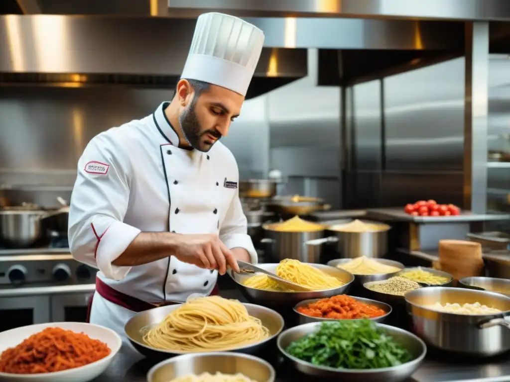 Un chef italiano preparando plato lujoso en bulliciosa cocina, con ingredientes frescos y ambiente cálido