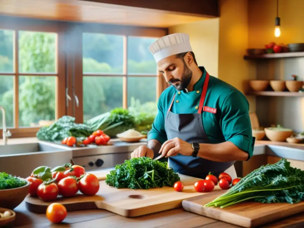 Un chef italiano prepara un plato con kale rodeado de ingredientes frescos