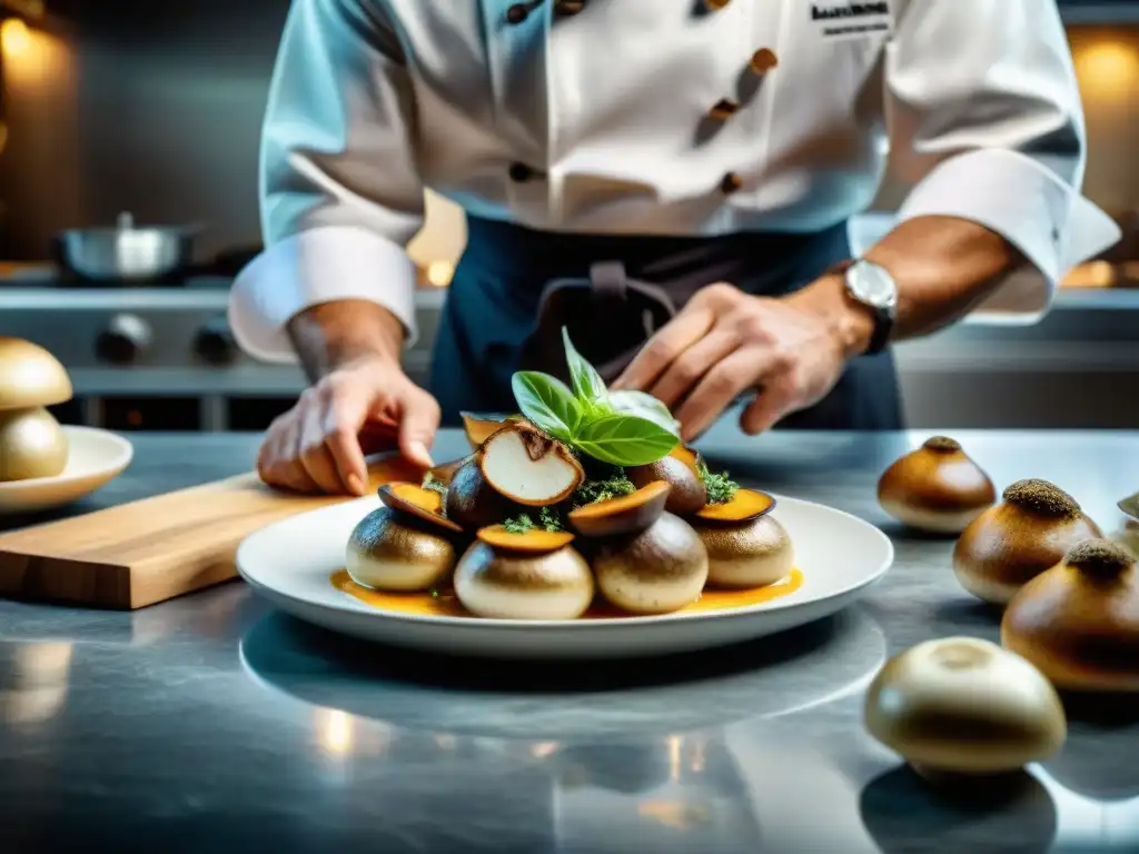 Un chef italiano prepara un plato con setas Porcini en una cocina de lujo