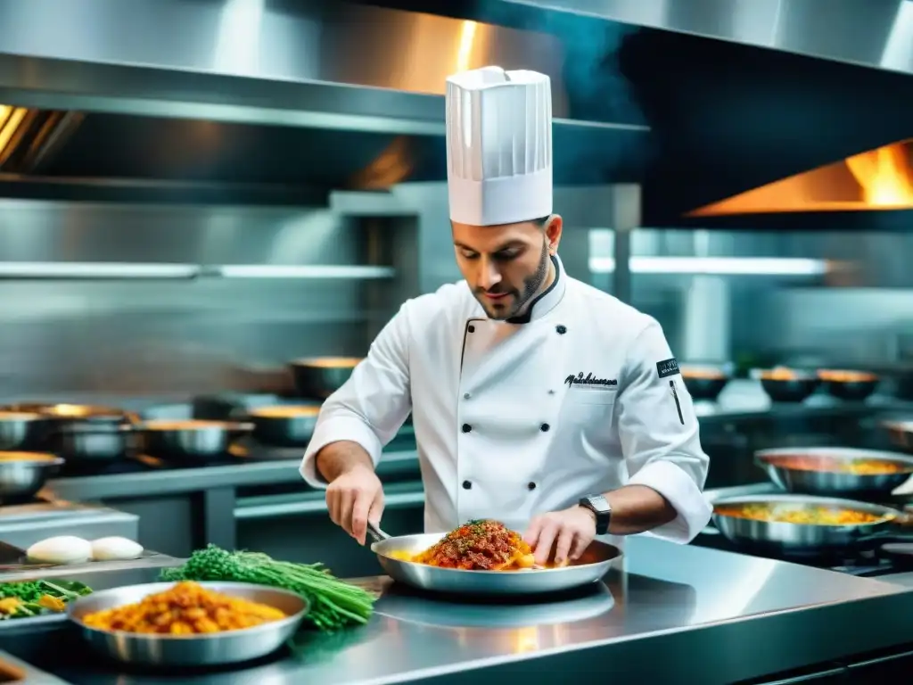 Chef italiano preparando plato tradicional con Productos DOP e IGP en cocina de alta gama