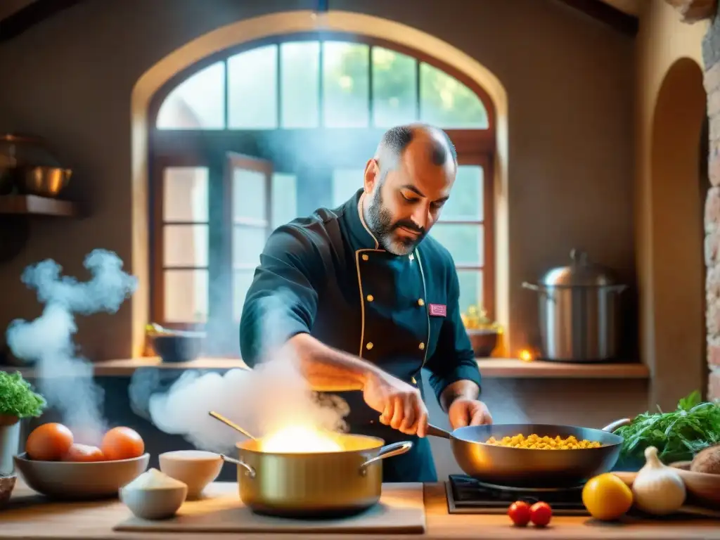 Chef italiano preparando plato tradicional con pasión en cocina rústica