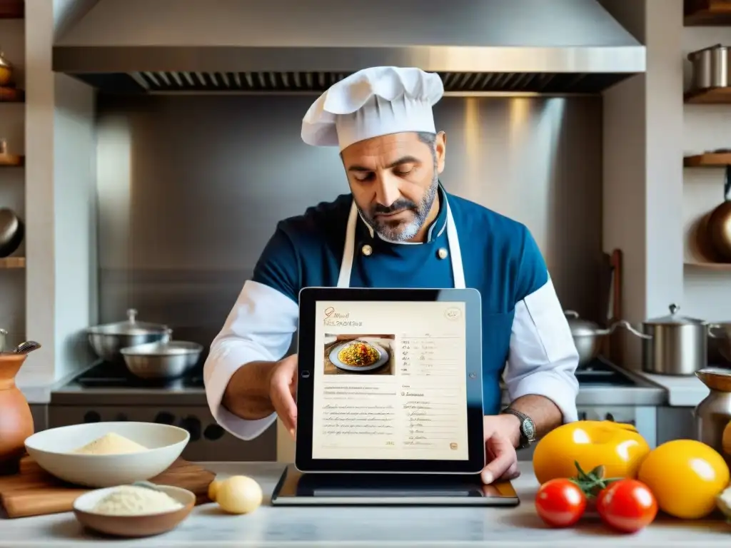 Chef italiano preparando plato tradicional en cocina, fusionando pasado y presente