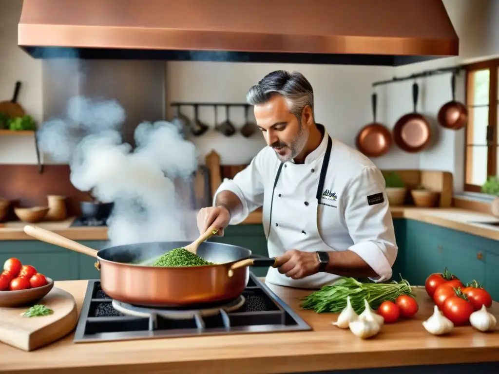 Un chef italiano prepara un plato tradicional rodeado de ingredientes frescos