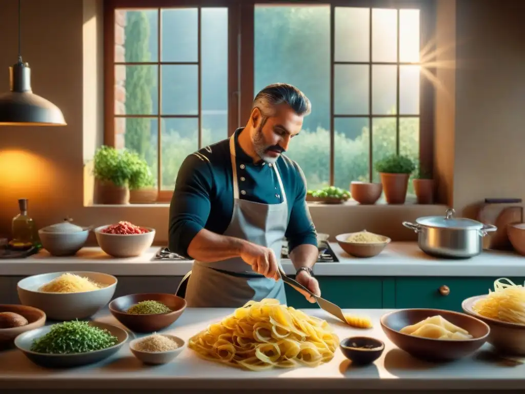 Un chef italiano preparando platos caseros con utensilios italianos en una cocina tradicional, bañado por una cálida luz solar