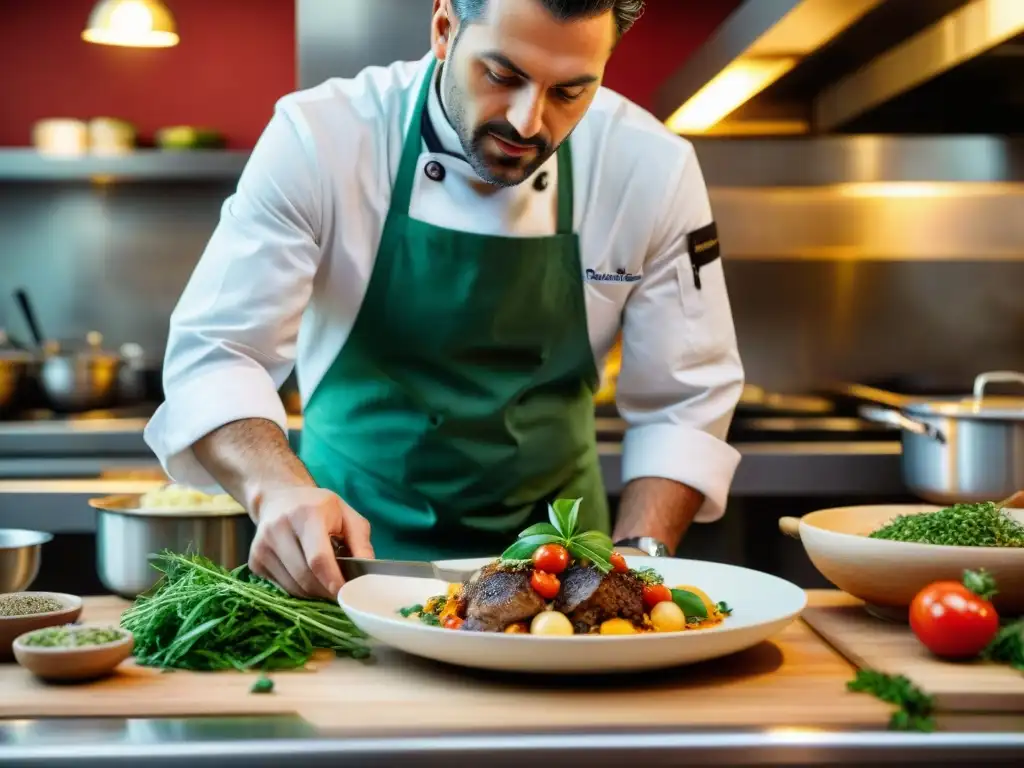 Un chef italiano hábil crea platos exquisitos con sobras en una bulliciosa cocina, mostrando creatividad e innovación