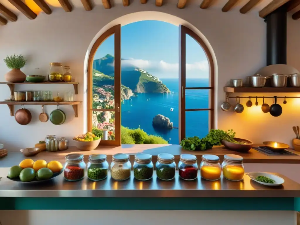 Un chef italiano preparando platos sin gluten en una cocina tradicional, con ingredientes frescos y coloridos