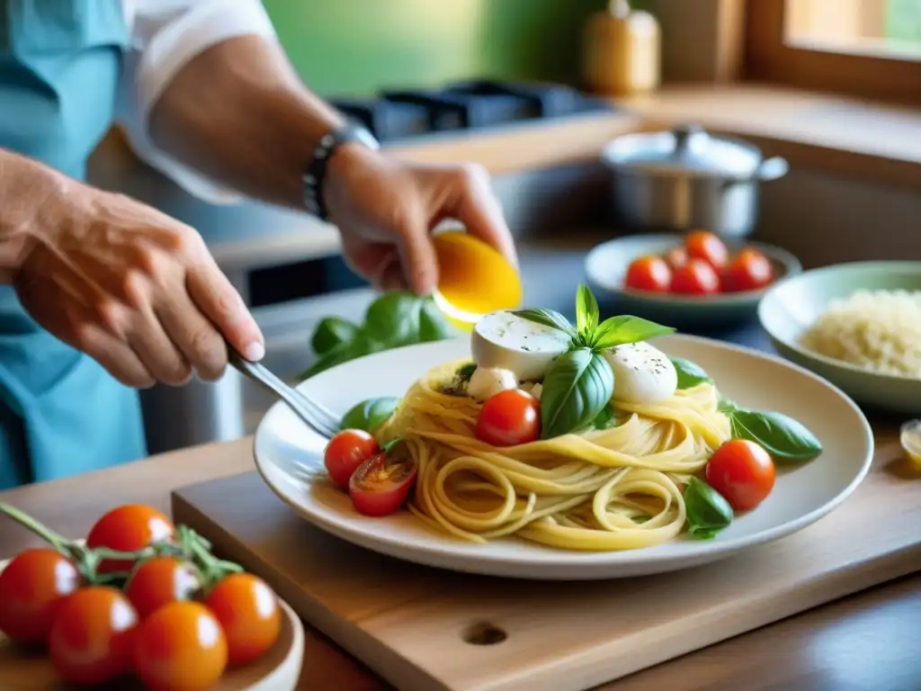 Un chef italiano prepara platos icónicos en una cocina isleña, evocando sabores y colores vibrantes