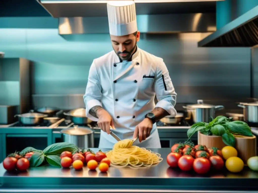 Chef italiano preparando platos innovadores con tomates heirloom y hierbas frescas en cocina moderna