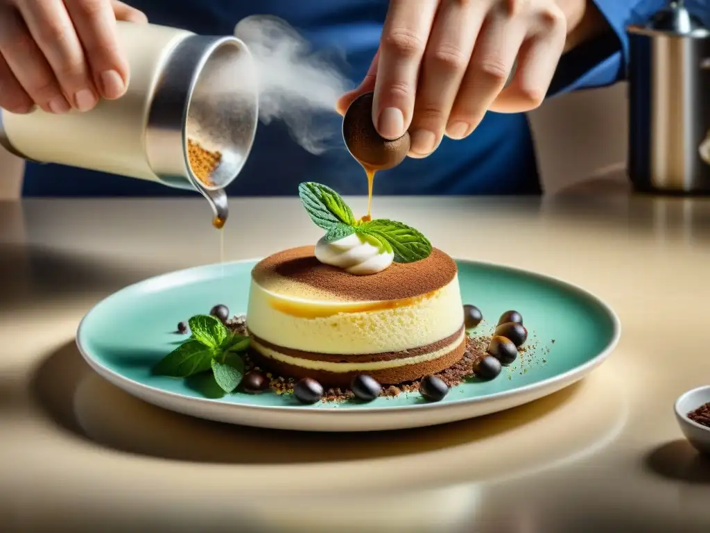 Un chef italiano crea platos innovadores en una cocina elegante, con un tiramisú deconstruido