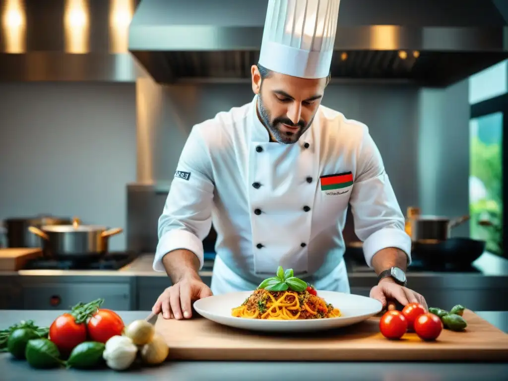 Un chef italiano preparando platos innovadores en una cocina de vanguardia