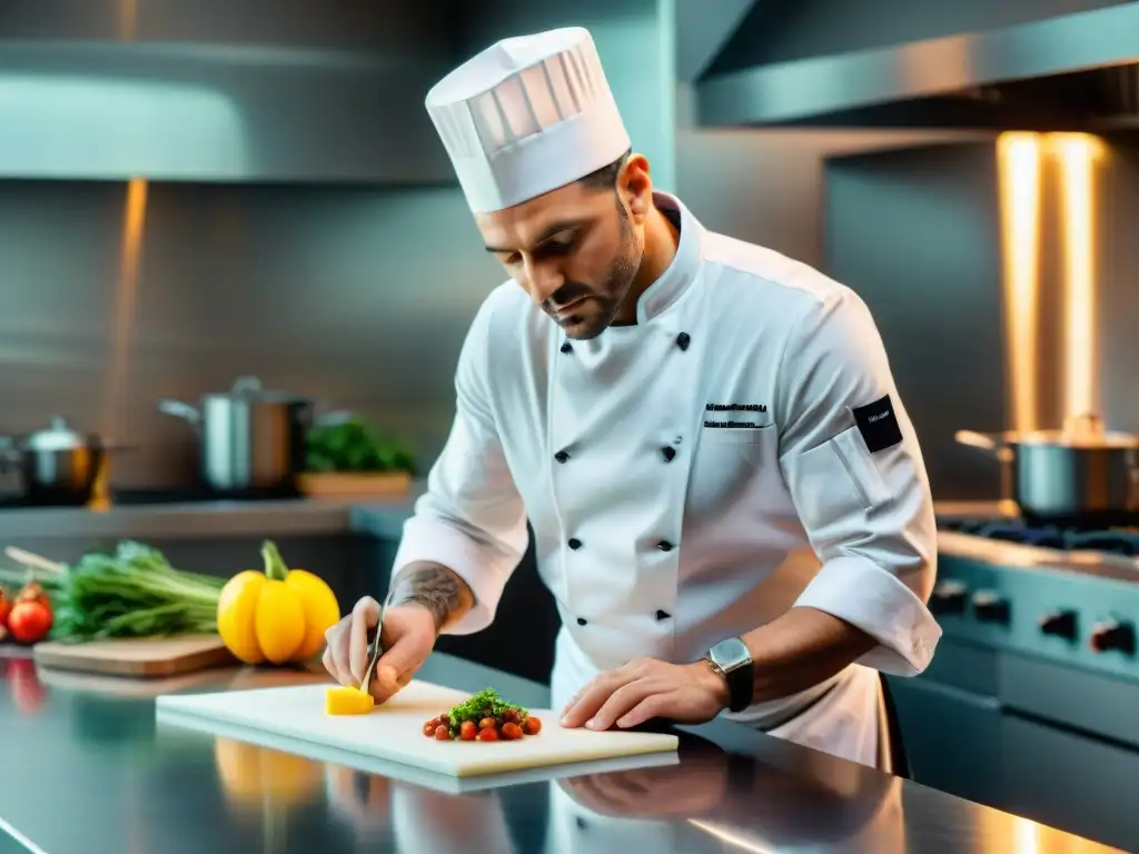 Un chef italiano creando platos innovadores en un ambiente vanguardista