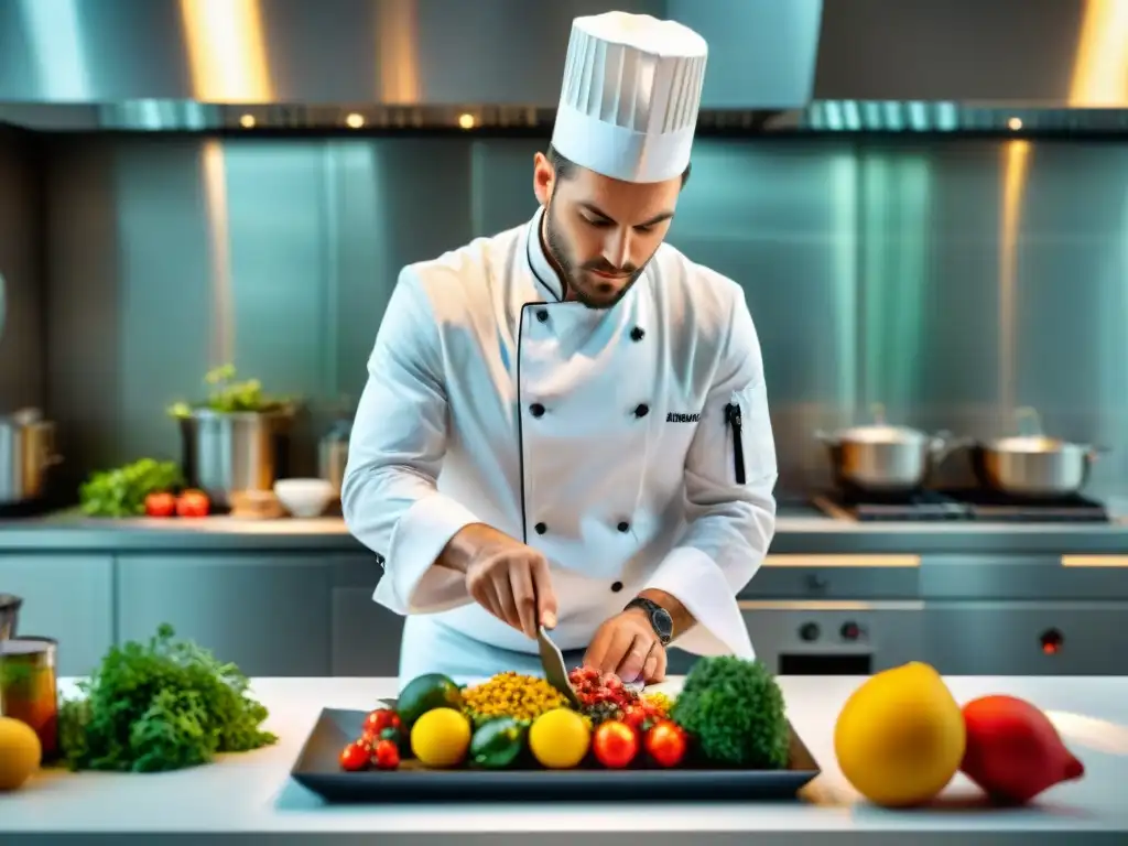 Un chef italiano crea platos innovadores en una cocina moderna y elegante