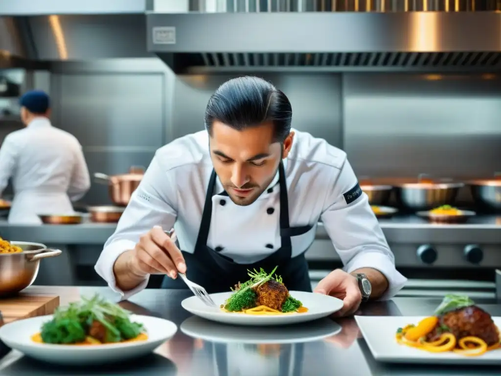 Un chef italiano creando platos innovadores con concentración en una cocina de alta gama