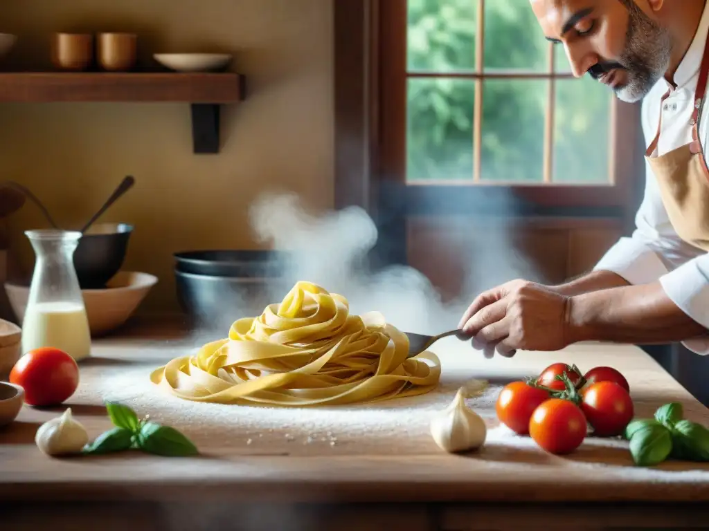 Un chef italiano hábil elabora platos italianos tradicionales recetas históricas en una cocina rústica