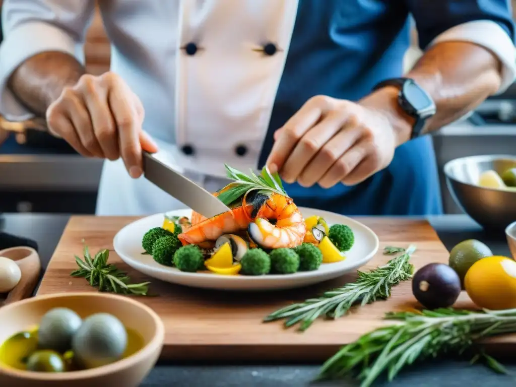 Un chef italiano hábil preparando platos de mar italianos saludables en una cocina bulliciosa