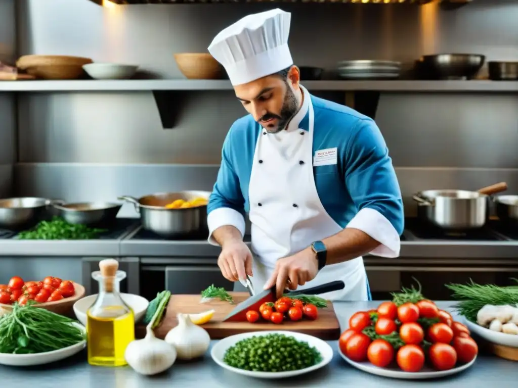 Un chef italiano preparando platos de pescado rodeado de ingredientes frescos